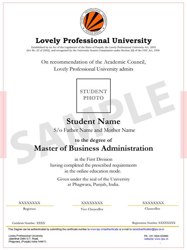 LPU Online MBA Degree Certificate sample